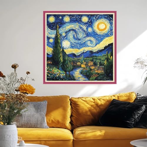 Image of Fanxvivy Stamped Cross Stitch Kits for Beginners Full Range of Cross Stitching Preprinted Embroidery Kits for Adults, 11CT Embroidery Pattern Needlepoint Kits-Van Gogh's Star River 18x18 inch