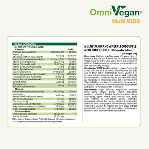 OmniVegan Kids Multivitamin 22 Vitamins & Minerals - 80 Vegan Chewable Tablets - Natural Mixed Berry Flavour - Aged 3-10 Years - Nordic Quality