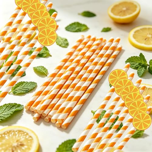 50 pitillos desechables de papel naranja con rayas miniatura 4