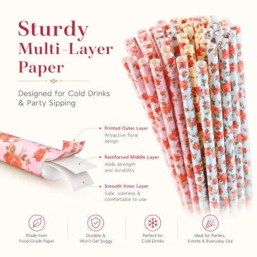Image of ALINK Floral Paper Straws, Biodegradable Disposable Flower Straws for Bridal /Baby Shower, Wedding, Shabby Chic /Vintage Tea Party, Birthday, Events and Crafts Decorations