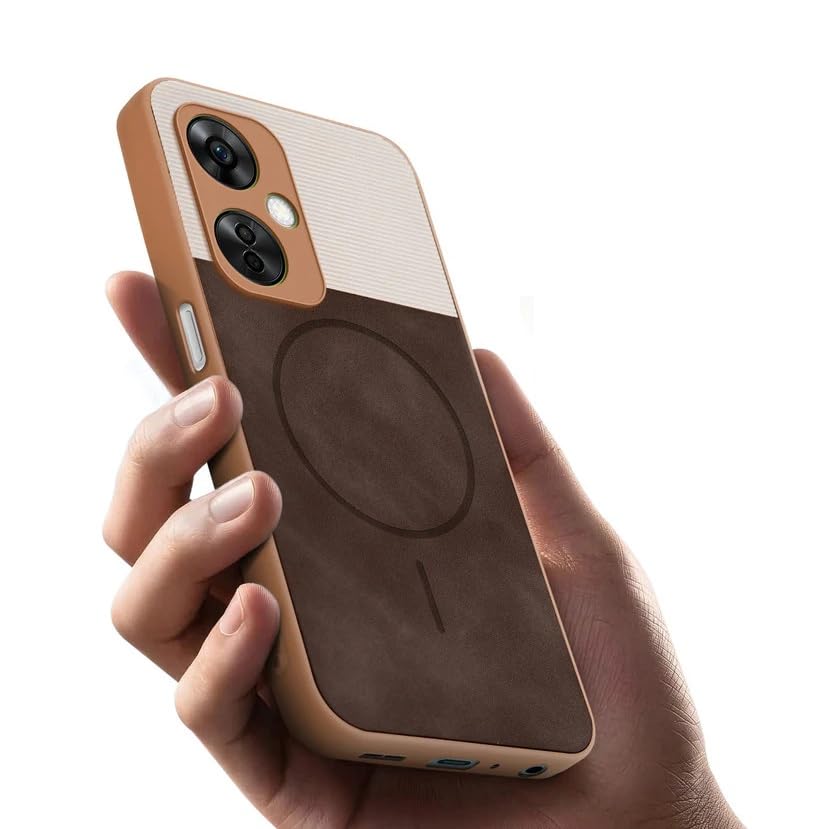 Image of Bintage CASE Mac Safe Design Hard Light Weight Back Case | Soft Border Camera Protect | Dual PU Leather Finish Back Cover Compatible for OnePlus Nord CE 3 Lite 5G - White & Cherry Brown