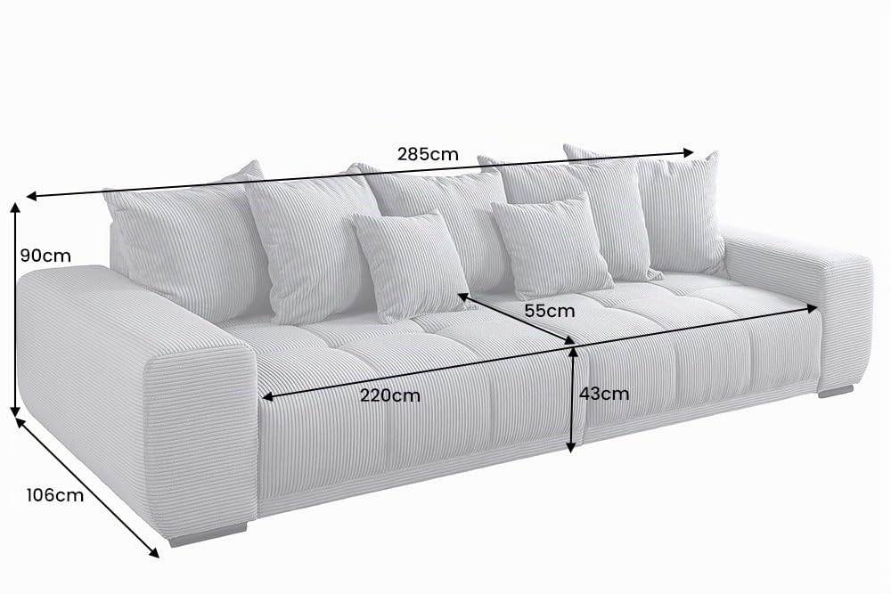 XXL Sofa ELEGANCIA - 285cm - anthrazit - Cord - Federkern mit Kissen | 7 Kissen, Buchenholzgestell, Ziersteppung, zeitloser Stil, Rundum-Bezug, pflegeleicht