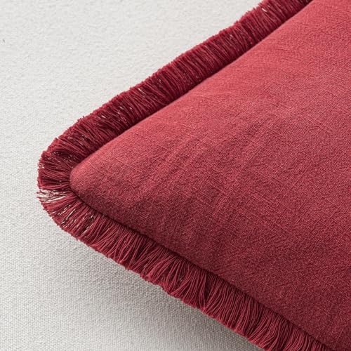 Image of MIULEE Boho Linen Fringe Decorative Throw Pillow Covers Burgundy 20x20
