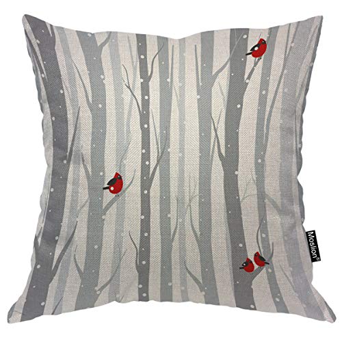 Moslion Throw Pillow Cover Red Cardinal Bird On The Birch Animal Winter Trees Branch Forest Snow Nature Square Pillow Case Cushion Cover for Home Car Decorative Cotton Linen 16x16 Inch