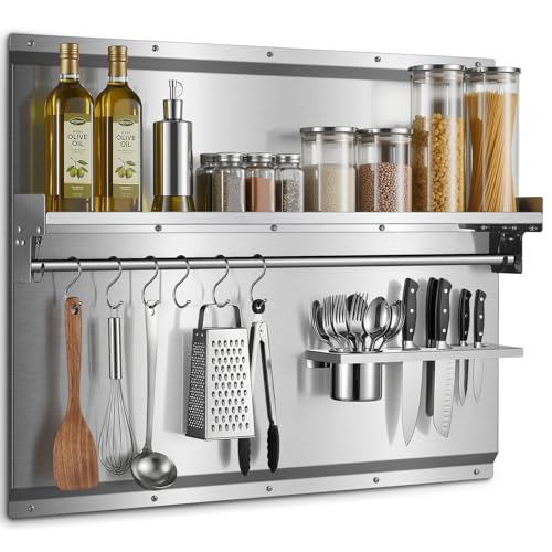 JOEAONZ 30 x 24 Stainless Steel Backsplash for Stove with Storage Shelf & Hooks Heavy Duty 430 Metal Splatter Guard Easy Wall Mount Shield Fit Behind Range Countertop or Sink