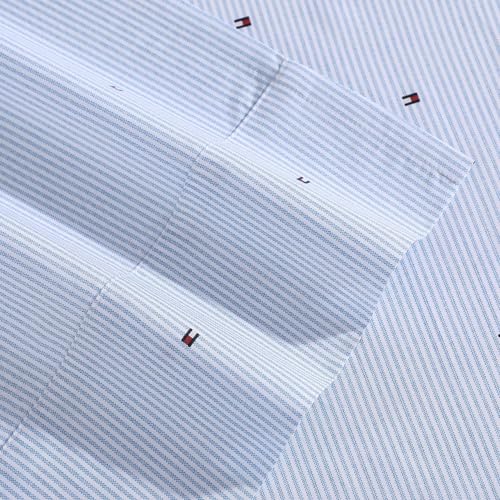 Image of Tommy Hilfiger - King Size Sheet Set, Soft Cotton Percale Bedding with Crisp Cooling Comfort, Deep Pocket Fitted Sheet with Matching Pillowcases, Americana Decor (Ithaca Flag Stripe Blue)
