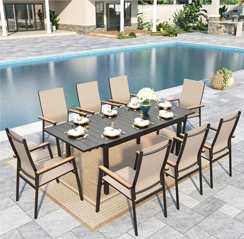 Image of Sophia & William Patio Dining Set 9 Pieces, 8 Aluminium Patio Dining Chairs with 1 Extendable Dining Table for 6-8 Person, Patio Table and Chairs for Outdoor Lawn (Beige)