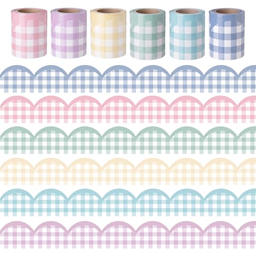 Image of Fuutreo 6 Roll 197 ft Gingham Pastel Bulletin Board Borders Checkered Classroom Decoration Scalloped Border Trim Decor for Back to School Chalkboard Office Wall