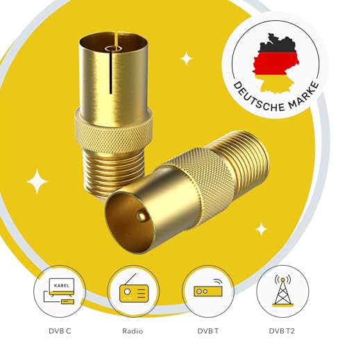 RedStar24 SAT Adapter Vergoldet - F-Kupplung auf Koax-Stecker & Buchse IEC, SAT zu Antennenkabel-Umwandler, Hochwertiges 2er Adapter-Set für F-Kupplung und Koax-Anschlüsse, Ideal für TV und Receiver – Bild 4