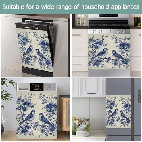Image of Blue Birds Refrigerator Magnet Cover,Retro Flowers Washable Dishwasher Magnets Decorative Cover,Home Kitchen Decorative Dishwasher Front Panel Cover 23x26 Inch