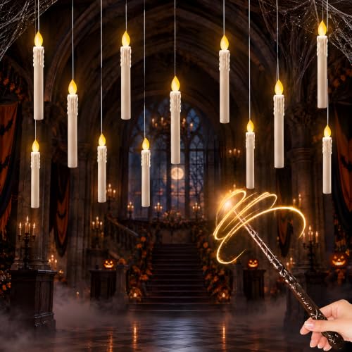 Buaszay 12 Pcs Floating Candles with Wand Remote for Halloween Decorations