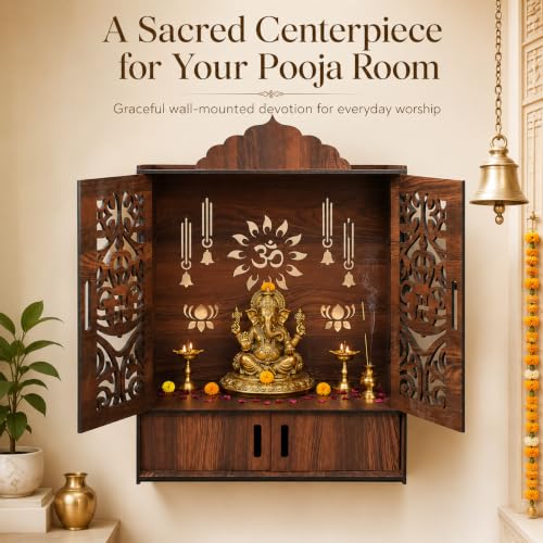 Image of The Castle Decor Wooden Mandir for Home, Wall Hanging & Tabletop Pooja Temple with Double Doors, Om & Lotus Cutwork, Storage Cabinet, Dark Walnut MDF for Pooja Room, 10.6 x 20 x 16.7 Inch (Design-2)