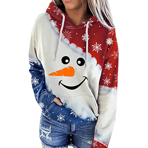 LOTUCY Christmas Sweatshirt Women Snowflake Graphics Hoodie with Pocket Xmas Pullover Tops, Red Blue, M