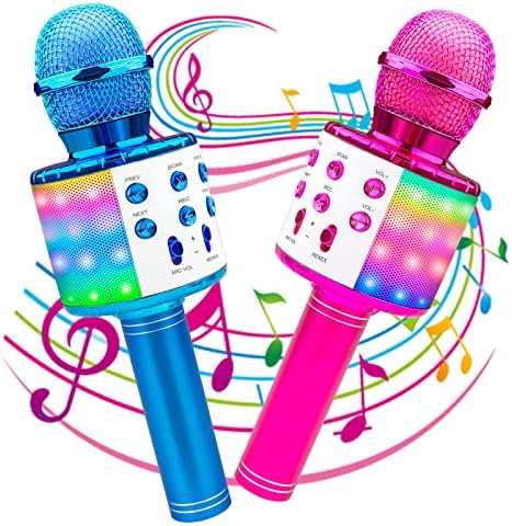 Icnice Wireless Bluetooth Karaoke Microphone 2 Pack, 5-in-1 Portable Handheld Karaoke Mic Speaker with Flashing Light for Singing Compatible with TV/Phone/PC Karaoke Machine (Pink and Blue)