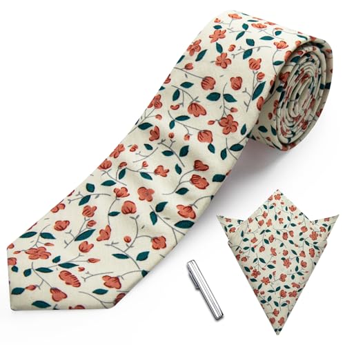Image of YourTies Cotton Floral Tie for Men 2.5 inch Printed Skinny Necktie Pocket Square Tie Clip Set Flower Wedding Party Groom