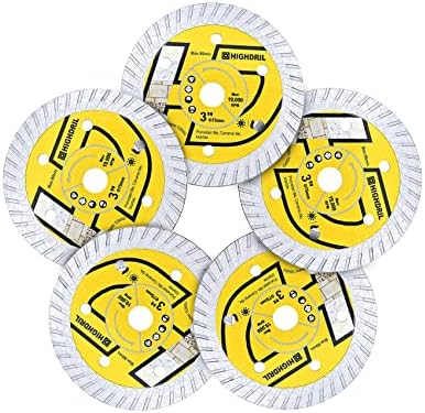 HIGHDRIL Tile Diamond Blade,5pcs 3In/75mm x Arbor 3/8Inch/10mm Turbo Blade for Ceramic,Hard Porcelain,Glazed Tiles Marble Dry Cutting disc（10MM Arbor）