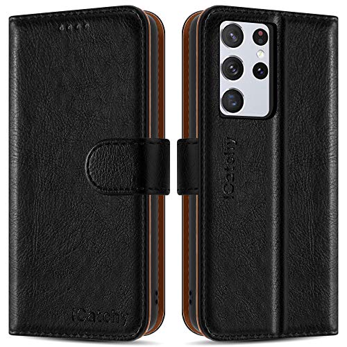 iCatchy for Samsung Galaxy S21 Ultra 5G Case Leather Wallet Flip Stand View Cover with Card Slots Compatible with Galaxy S21 Ultra 5G (6.8'') Phone Cover (Black)