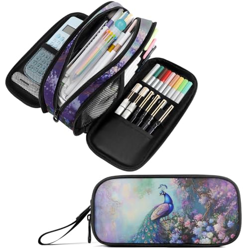 Image of Fustylead Elegant Peacock in Spring Flower Large Pencil Bag Storage Pen Case Makeup Pouch Stationery Bag for School College Office Organizer