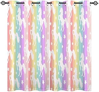 ANHOPE White Unicorn Curtains Eyelet Thermal Insulated 80% Blackout Curtains with Rainbow Colorful Stripe Print Pattern Room Darkening Window Drapes for Kids Girls Bedroom 46 x 54 Inch Drop 2 Panels