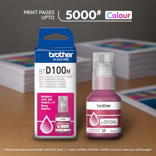 Image of Brother Genuine BTD100M High Yield Magenta Ink Bottle, 5000 Page Yield Compatible for Brother DCP-T236, DCP-T230, DCP-T436W, DCP-T430W, DCP-T535DW, DCP-T530DW, DCP-T730DW, DCP-T830DW, MFC-T930DW