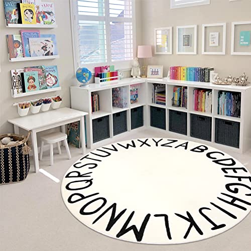 Image of LIVEBOX ABC Play Room Round Kids Rug Circle for Playroom, Learning Nursery Rug Alphabet Washable Rug for Baby Boy and Girl Bedroom, Non-Slip Educationa Carpet for Toddlers (59",Black,Beige)