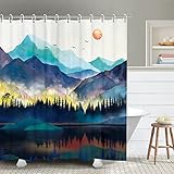 RosieLily Mountain Shower Curtain Misty Forest Shower Curtain Nature Shower Curtain, Watercolor Shower Curtain Teal Landscape Sunset Trees Lake Cool Art Shower Curtains for Bathroom, 72' x 72' Inches