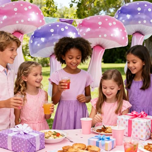 Image of Vuzvuv 35 Inches Blue Pink Foil Mushroom Balloons, Video Game Mushrooms Party Decoration for Birthday, Theme Parties, Spring Holiday Picnic, Forest Plant Theme Decor(4Pcs)