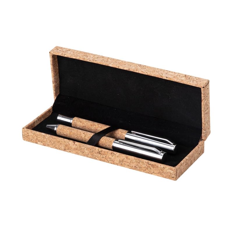 ONE SHOP Set 2 Stifte aus Kork mit Drehkugelschreiber + Rollerstift mit Metallkappe umweltfreundlich, elegant, Geschenkidee, Federmäppchen, 16 × 6 × 3 cm, Stifte 13 cm
