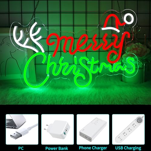 Image of Merry Christmas Neon Sign, JGHTURIE Dimmable Neon Signs for Wall Decor, Light Up Sign for Christmas Party, Bar, Office, Bedroom, or Home Decor - LED Light Signs USB Powered