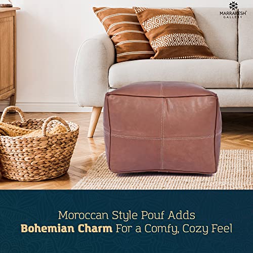 Marrakesh Gallery Leather Square Pouf Ottoman Cover - Hand Stitched By Moroccan Artisans - Genuine Leather Pouf Cover Used As Footstool, Hassock - Cover Only - Stuffing Is Not Included (S.q Brown) #TOP1