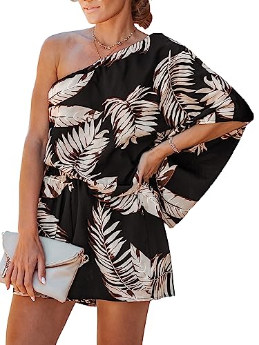 Image of CUPSHE Women's One Shoulder Romper 3 /4 Sleeve Wide Leg Mini Jumpsuit Short Draped Bodice Romper Casual Summer Loose Outfit