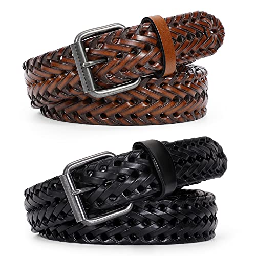 WERFORU Men’s Leather Braided Belt, Leather Woven Belt for Jeans 1.3 Inch Wide with Prong Buckle