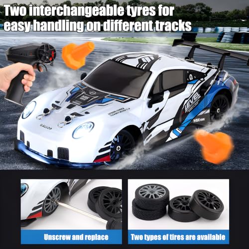 Image of Cable World RC Drift Car for Kids, 2.4GHz Remote Control Car, 4WD Dual Motor, Unbreakable PVC Body, LED Lights, Rechargeable Battery,High Speed RC Car for Kids, Extra Drift & Racing Tyres