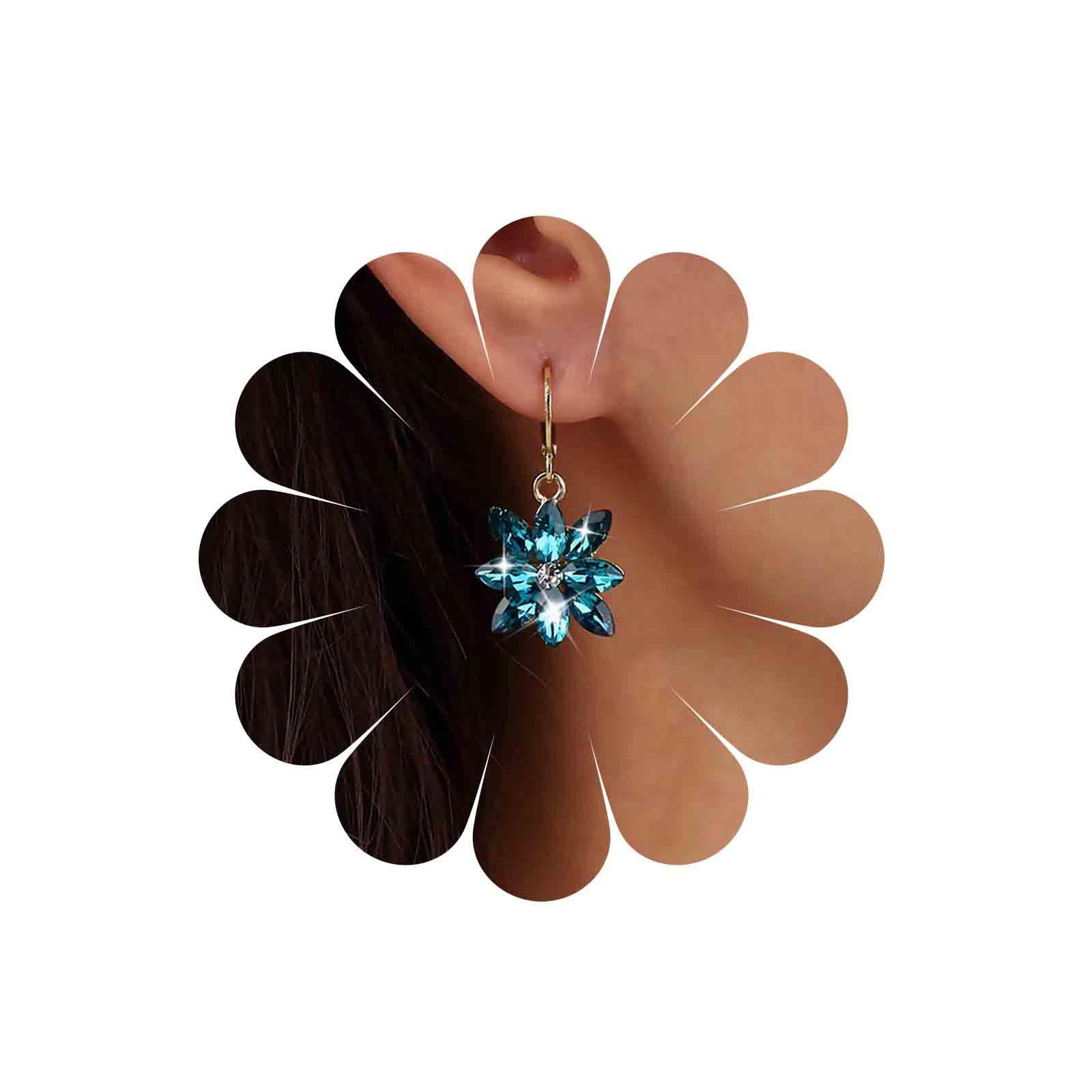 Sttiafay Vintage Blue Crystal Flower Earrings Sapphire Drop Earrings Rhinestone Flower Hoop Earrings Blue Gem Flower Stud Earrings Jewelry for Women