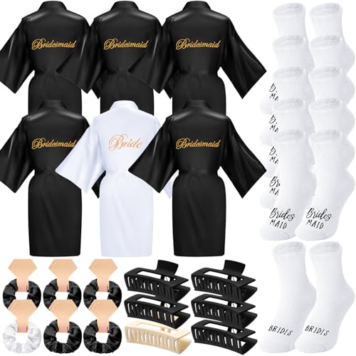 Bonuci 24 Pcs Bride Bridesmaid Robes Set of 6 Bridal Silk Satin Robes for Wedding Bachelorette Party Bridal Shower Gifts