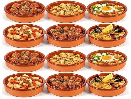 Cazuelas de Barro Redondas, Terracota, 12 cm, Aptas para Vitrocerámica y Horno, Pack de 12 Unidades