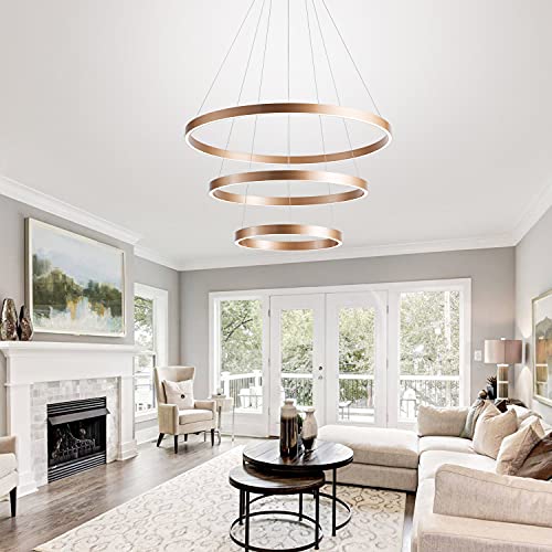 Image of MADEM Modern LED Chandelier 3-Ring Circular Dimmable Pendant Light,Gold | Contempoary Chanderlier Flush Mount Pendant Lighting for Living Room Dining Room, Bedroom,3000K-6000K