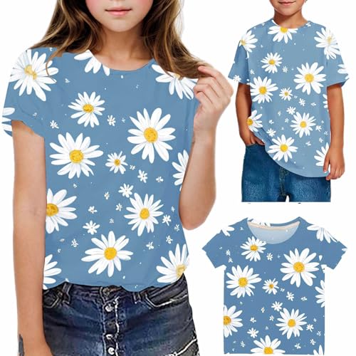 Kids Girls 2025 Fashion Summer T Shirts Crewneck Short Sleeve Blouse Daisy Floral Print Summer Tee Shirts2