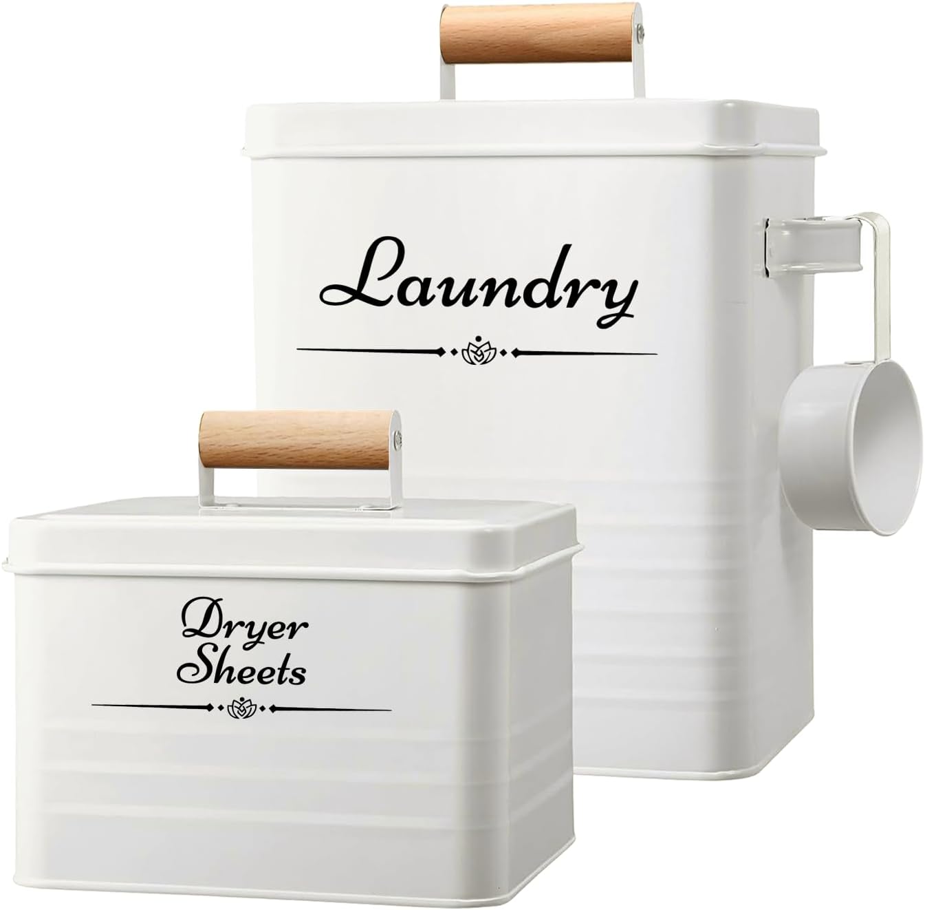 Farmhouse Metal Laundry Pods Container with Dryer Sheet Holder for Organization and Storage, Laundry Room Decor - Holds 156 Pods and 300 Sheets (White)