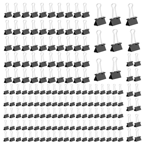 170 piezas pinzas papeleria en 15/19/25/32 mm, clips oficina resistentes, pinzas metálicas, material oficina ideal para escuela y hogar (Negro)