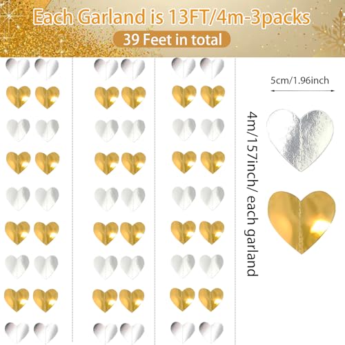 Image of Glitter Gold and White-Sliver Party Decorations Heart Streamers Garland - 39Ft Christmas Wedding Engagement Hanging Paper Banner, Bachelorette Bday Bridal Baby Shower Anniversary Decor Banners