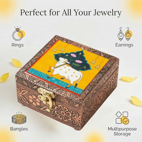 Image of Kamdhenu Wooden Jewellery Box | Handcrafted Decorative Storage Organizer | Traditional, Multipurpose Keepsake Box for Rings, Earrings & Small Accessories | Yellow, Pack of 2