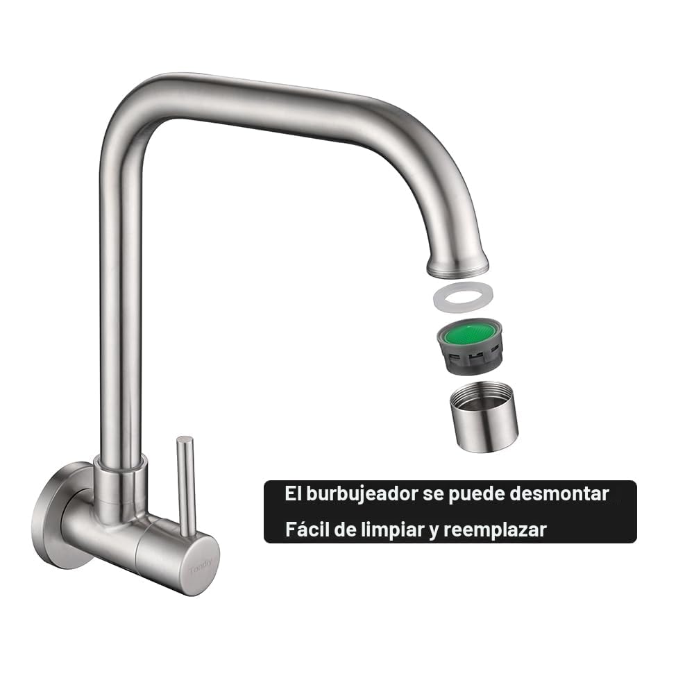 Grifo Cocina de Pared Solo Agua Fría, G 1/2" Grifería para Fregadero Giratorio a 360​°, Monomando Acero Inoxidable 304, Aireador Extraíble, Cepillado