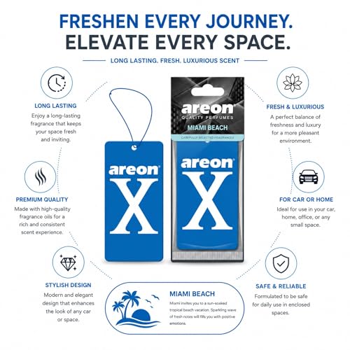Image of AREON X Miami Beach Hanging Car Air Freshener - Long Lasting Hanging Fragrance for Car Interior - Stylish Hanging Air Freshener - Premium Fragrance Card Freshener with Easy to Use Design (Pack of 3)