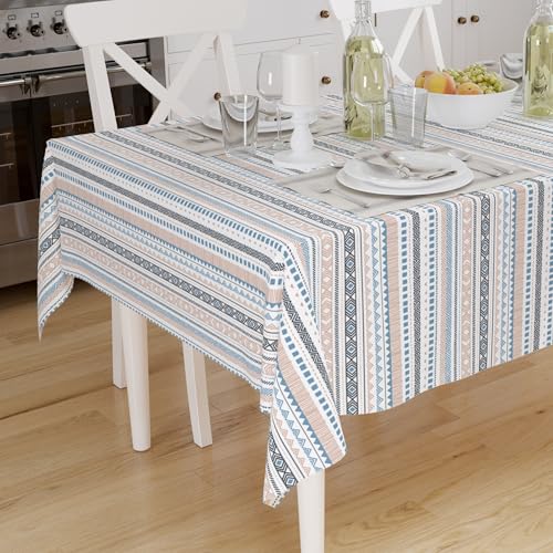 Image of Encasa XO Dining Table Cover Cloth for 4 to 6 Seater (56 inchx72 inch) | Cotton Rectangular Dining Table Cloth - Machine Washable Rectangle Tablecover for Wedding, Party, Buffet - Aztec Blue