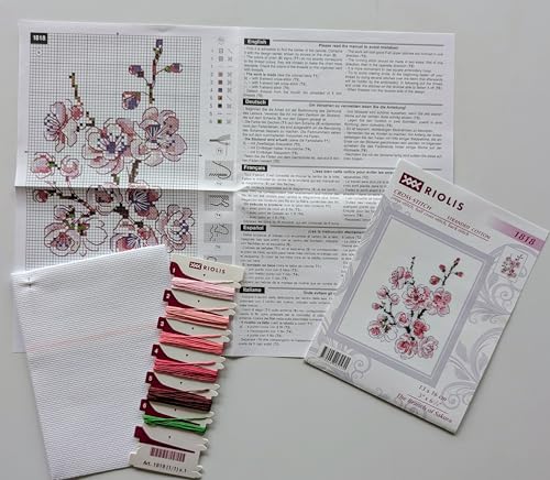 Image of RIOLIS - The Branch of Sakura 1818, Floral Cross Stitch Kits 5 inch x6, Cross Stitch Kits for Beginners & Advanced, Crossstitching Kits Adult, Counted Stitching Kits, Flowers Embroidery Kit