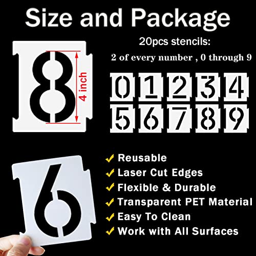 YEAJON 4 Inch Curb Stencil Kit 0-9 Address Number Stencils, 20Pcs Reusable 14 Mil Mylar Plastic Templates for Painting on Road, Wall, Wood, Mailbox - Thumbnail 2