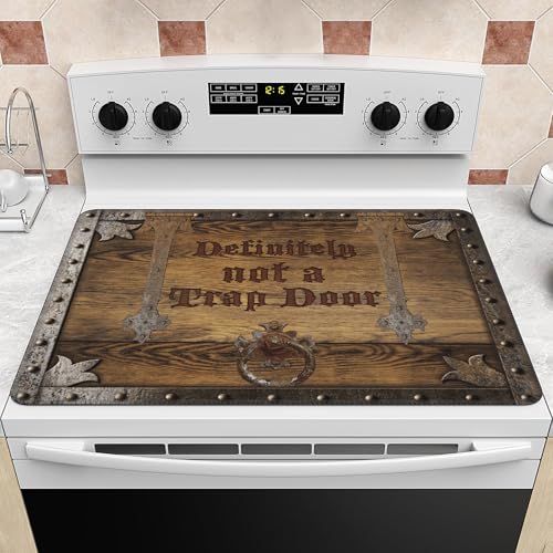 Image of Decorative Wooden Stove Top Cover for Electric Stove 28 inch x 20 inch Funny Trap Door Glass Flat Top Stove Mat Oven Induction Cooktop Mat for Ceramic Countertop Mats Heat-Resistant Dish Drying Mat