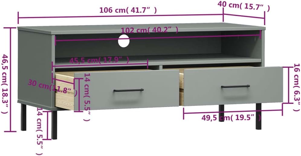 TV Cabinet with Metal Legs GrayOffice TV Stand,Simple TV Stand,Freestanding TV Cabinet,Media Console,Sideboard,for Living Room,Media Room,Gaming Room,Study,Entrance,Solid Wood Pine OSLO