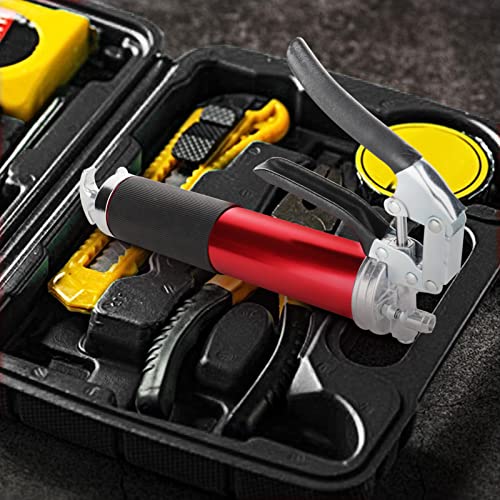 Foto von MorNon Fettpresse 6000PSI Einhand Fettpresse Ergonomischer Rutschfester Pistolengriff mit 12.8Zoll Flexiblem Schlauch Hochleistungs Fettpresse für 400ML Standard Fettkartusche und Schüttfett (Rot)